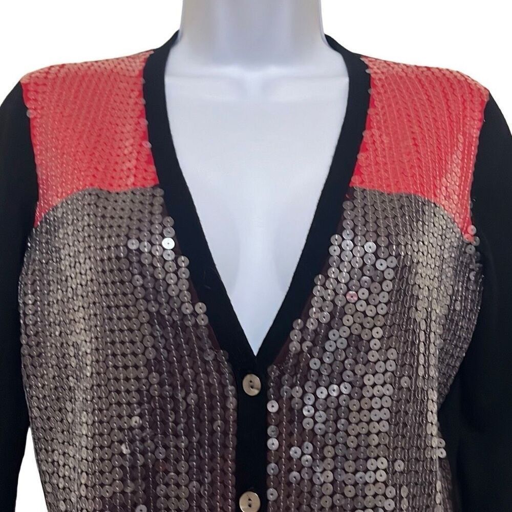 Jones New York Vintage Wool Blend Cardigan Black Red Sequin‎ Colorblock XS NWOT - Picture 3 of 10